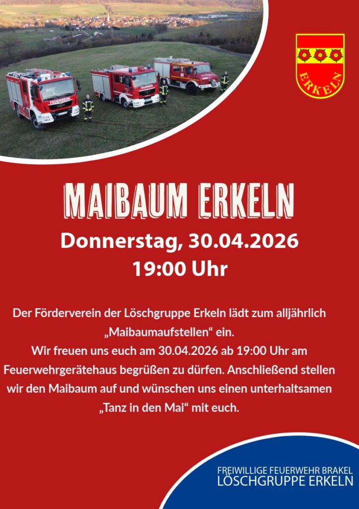 Flyer mit 3 Feuerwehrautos; Überschrift Maibaum Erkeln